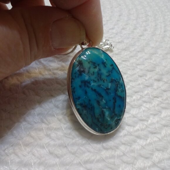 Beautiful BLUE DENDRITE OPAL Handmade Sterling 925 Pendant/Chain #800C - Picture 2 of 3